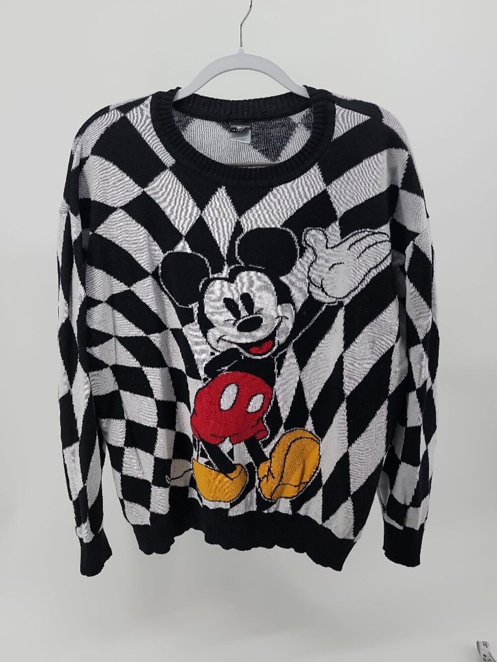 Disney Mickey Mouse Checkerboard Sweater Black White Graphic Retro Streetwear - Picture 2 of 7
